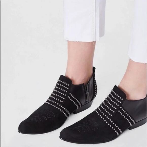 Anine Bing Low Charlie Boots Black Suede Gold Studded Ankle Flat Sz 36 / 6 US - Picture 1 of 15